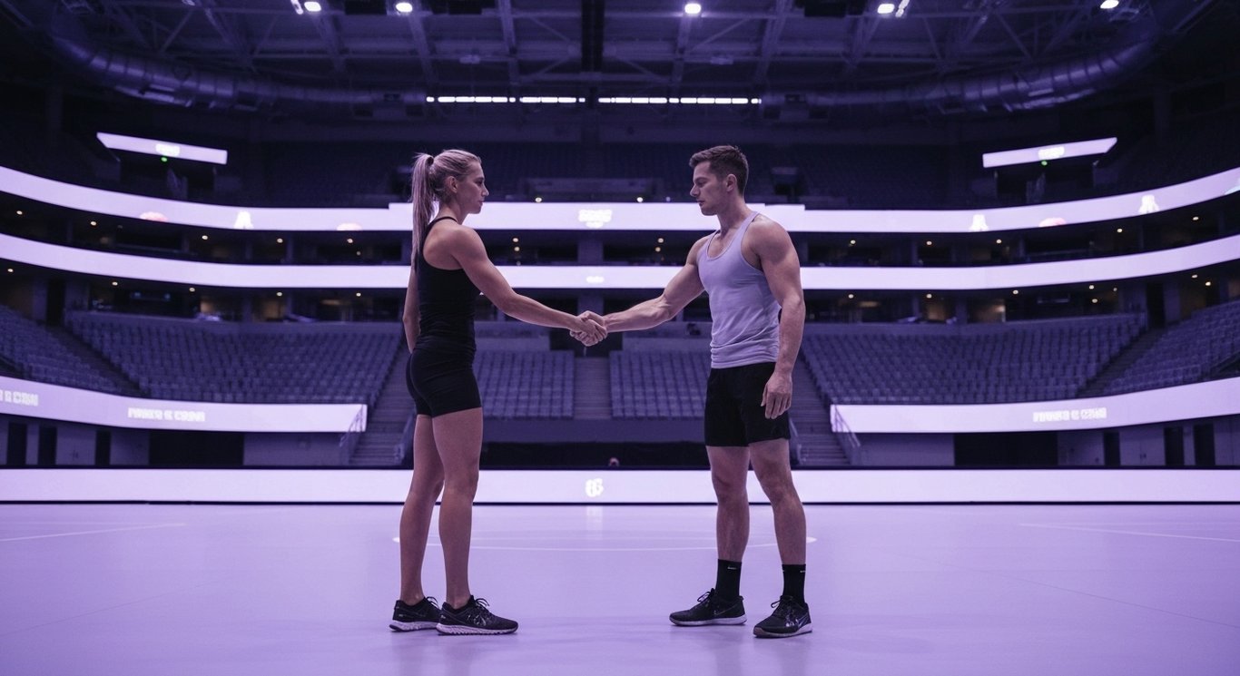 Athletes shaking hands on a sports arena with glowing displays and a purple-themed minimalist environment