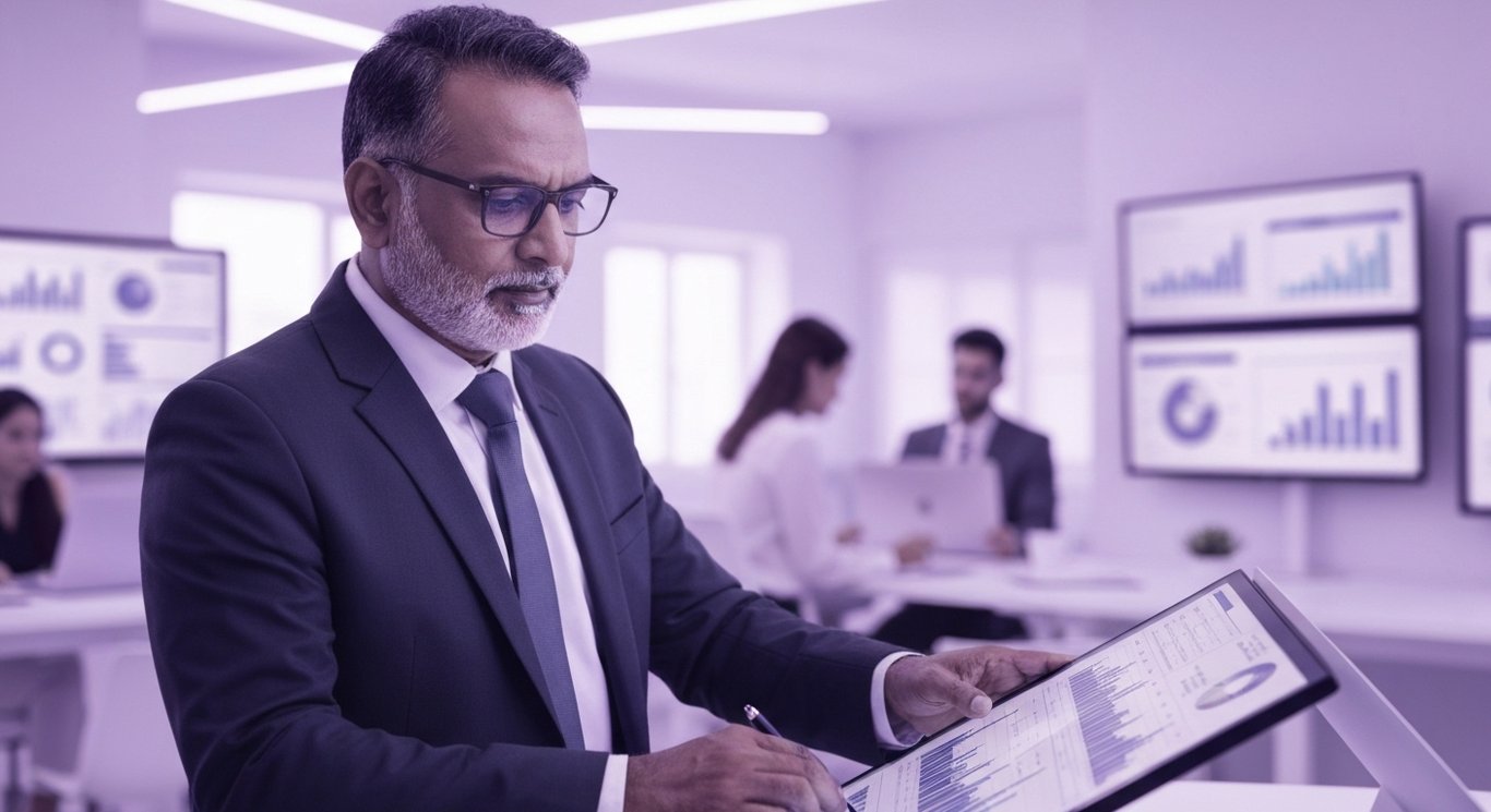 Business executive reviews digital charts in a modern office with a soft purple-themed background