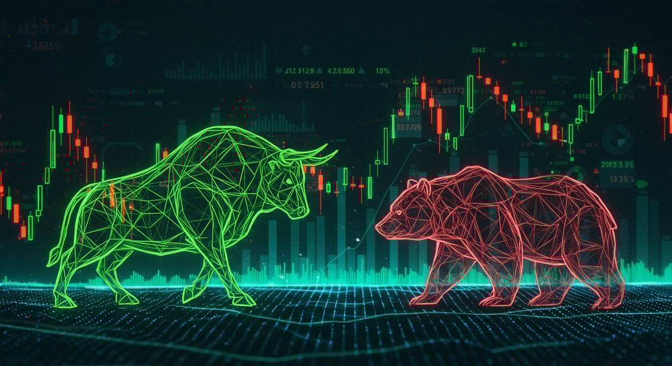 Stylized illustration of the stock market, featuring a bull and bear with charts and graphs. Represents gains, losses, and market volatility.