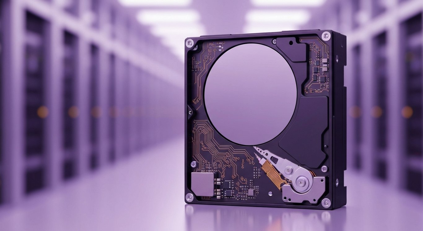 Modern hard disk drive with glowing circuitry in front of a blurred data center with a purple tone