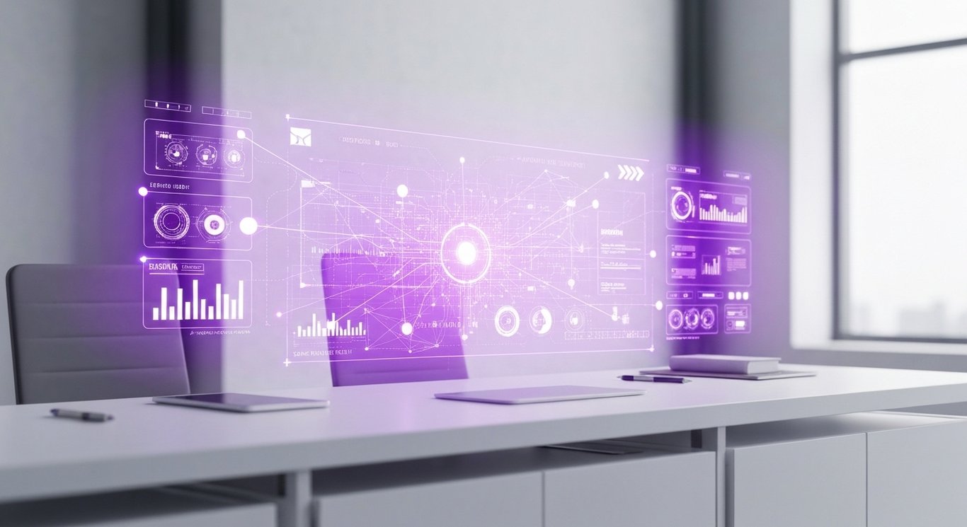 Abstract AI interface with digital workspace and glowing network lines in a clean office environment