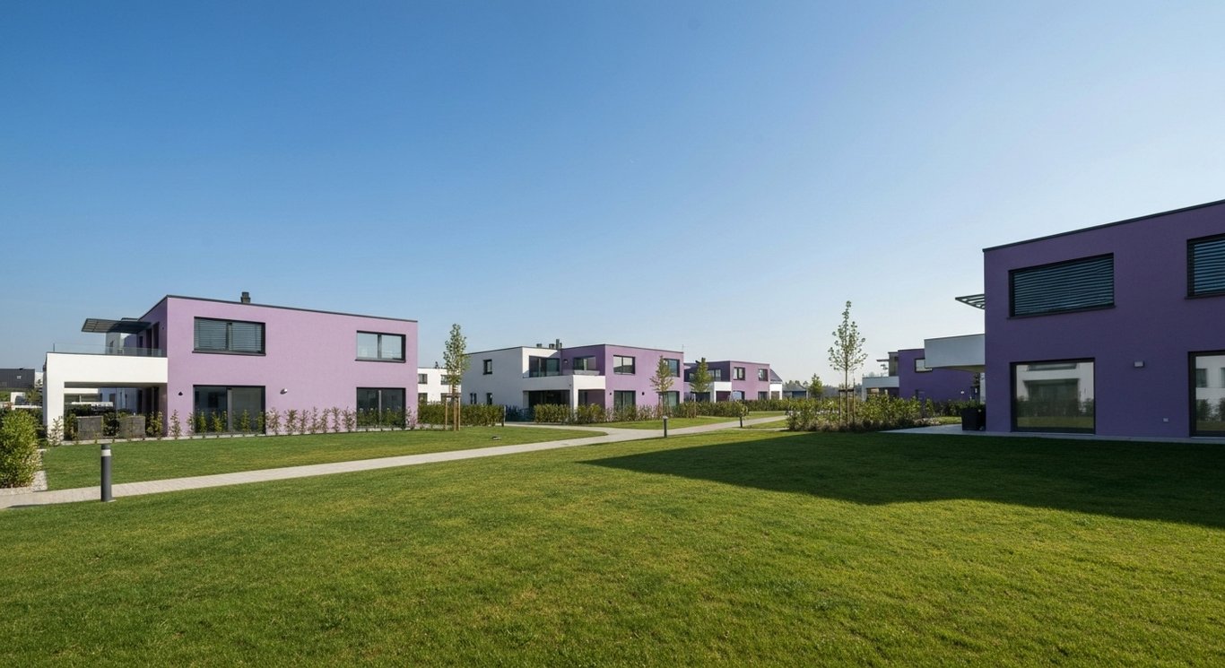 Modern residential buildings surrounded by landscaped greenery in a peaceful suburban setting