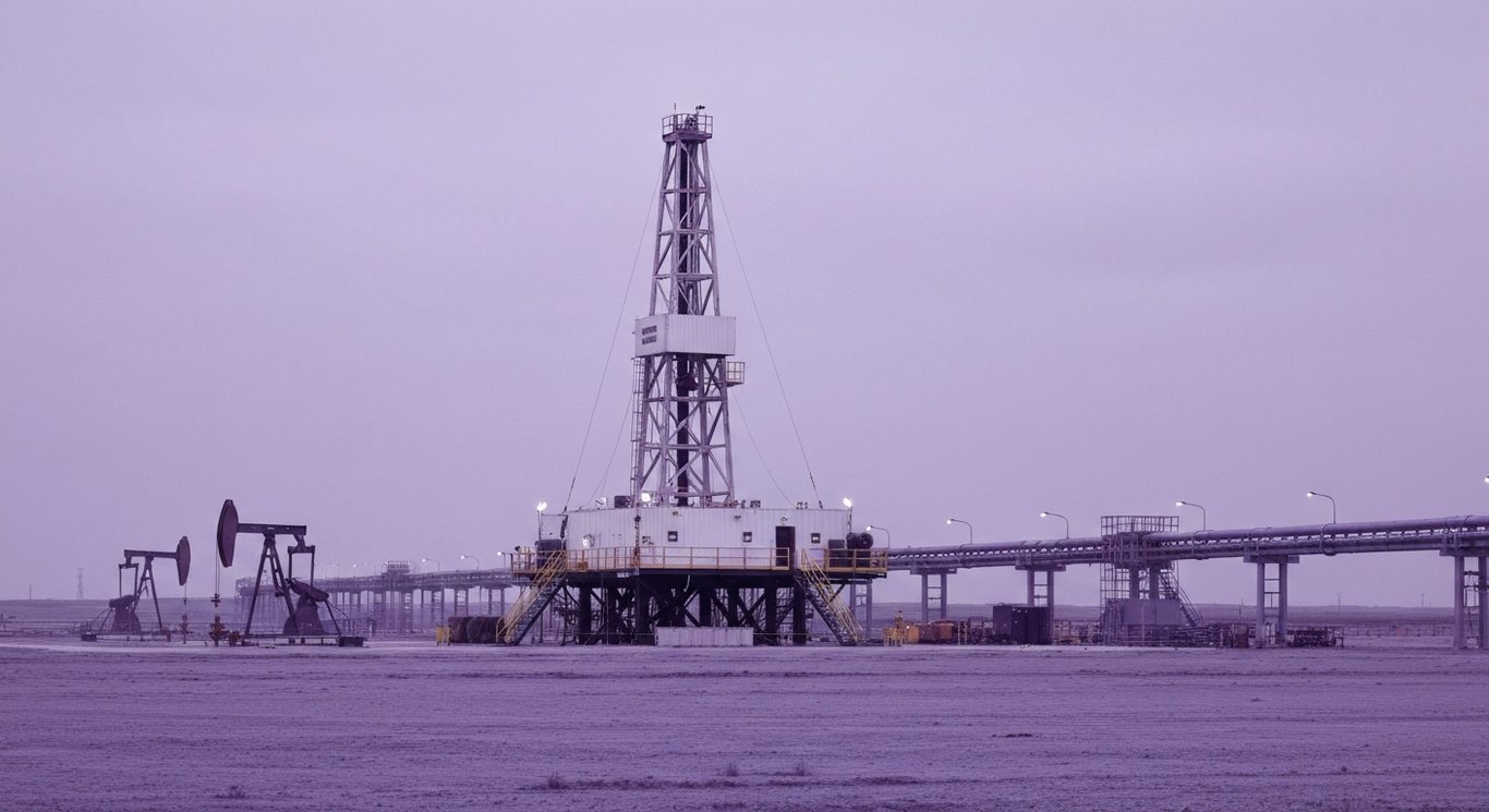 Oil drilling rig on open land with modern structures and pumpjacks in a soft purple-toned setting