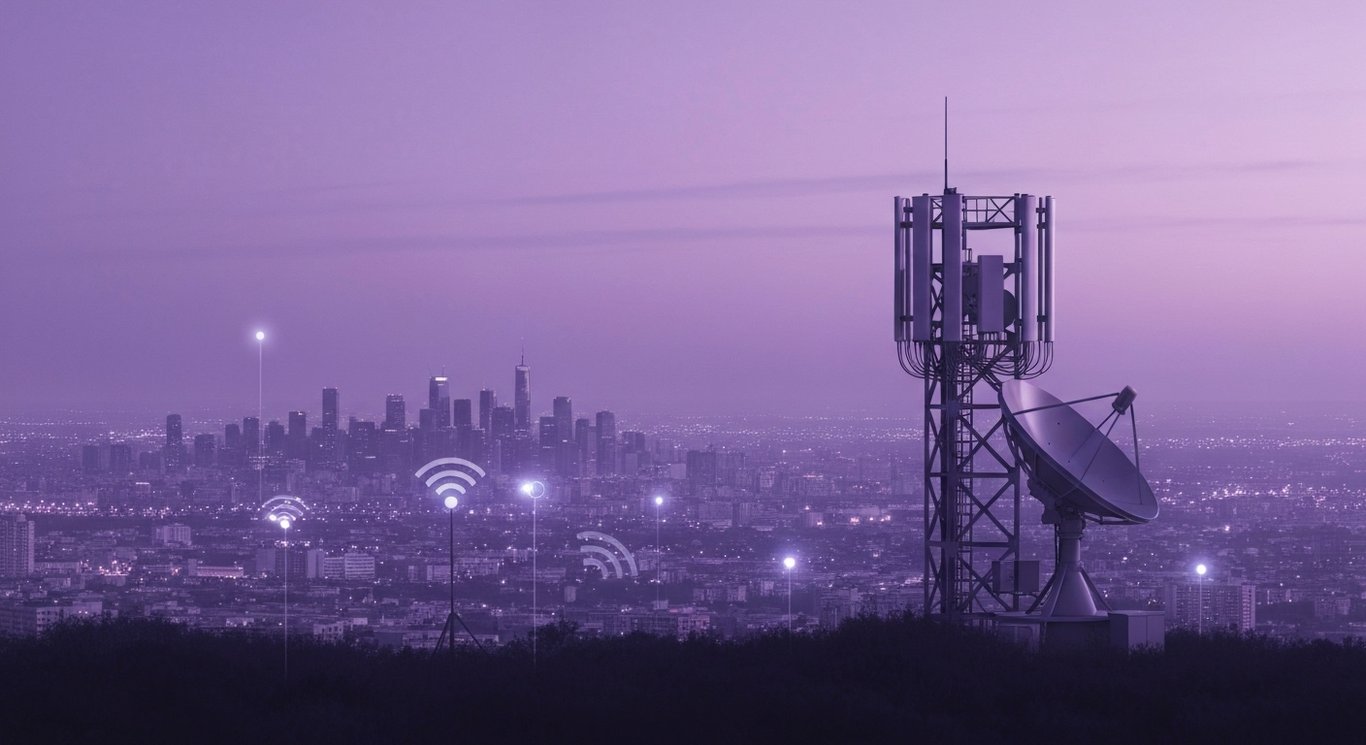 Cellular tower and satellite dish overlooking a city with a soft purple gradient in the background