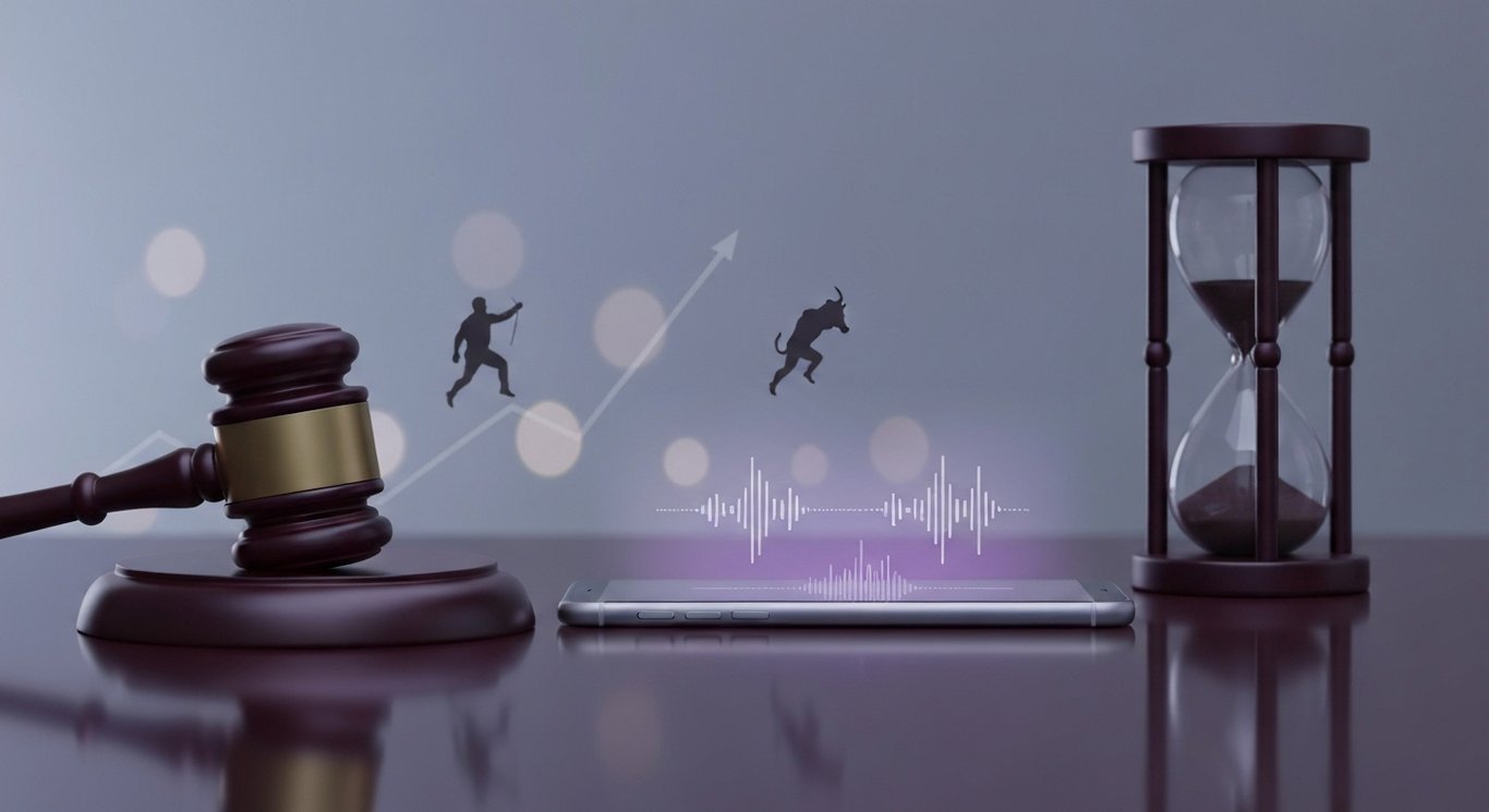 Smartphone next to a gavel and hourglass on a reflective desk, with a faint voice waveform and bull and bear silhouettes