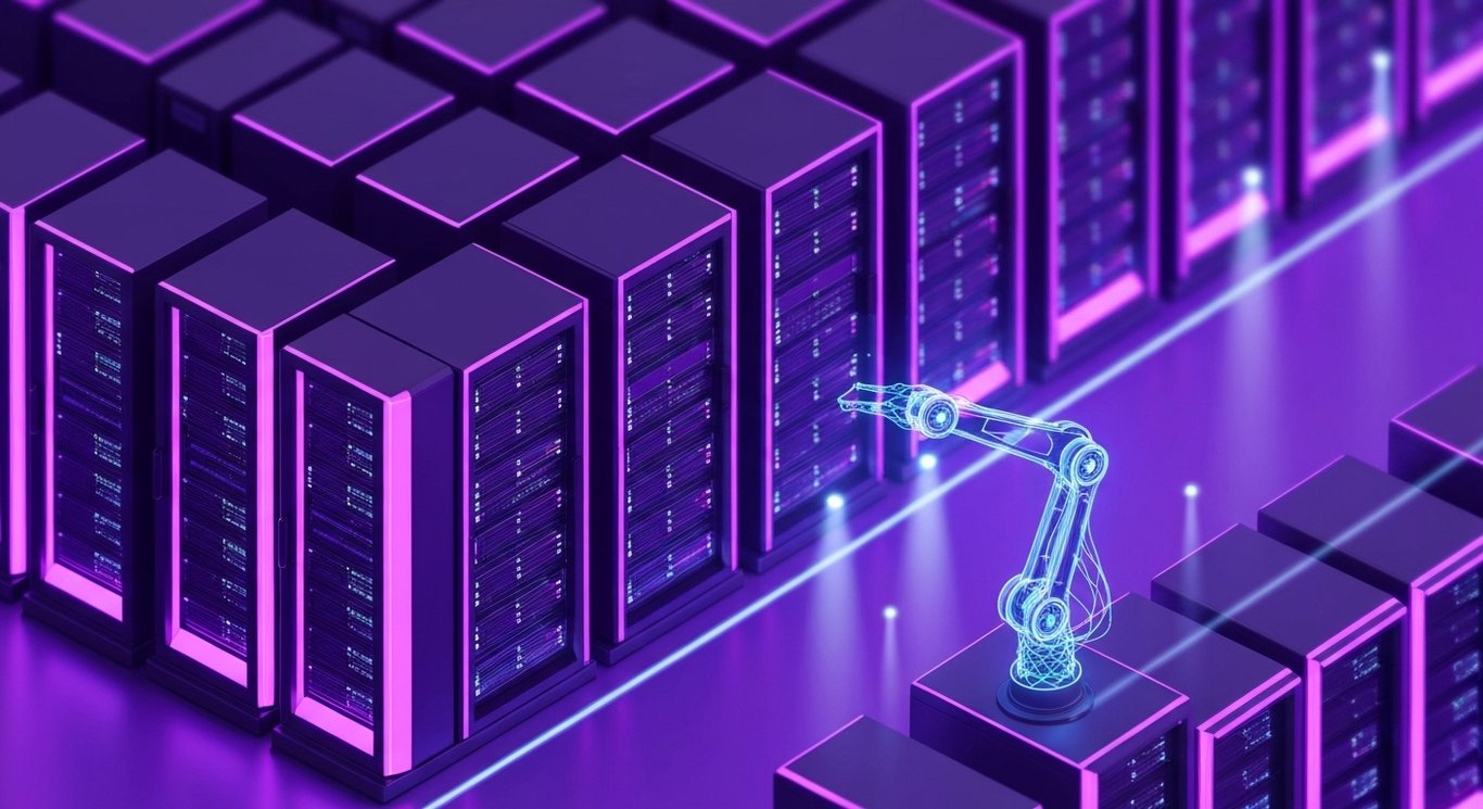 server racks and a robotic arm amid soft upward light trails in a warehouse with a subtle purple glow