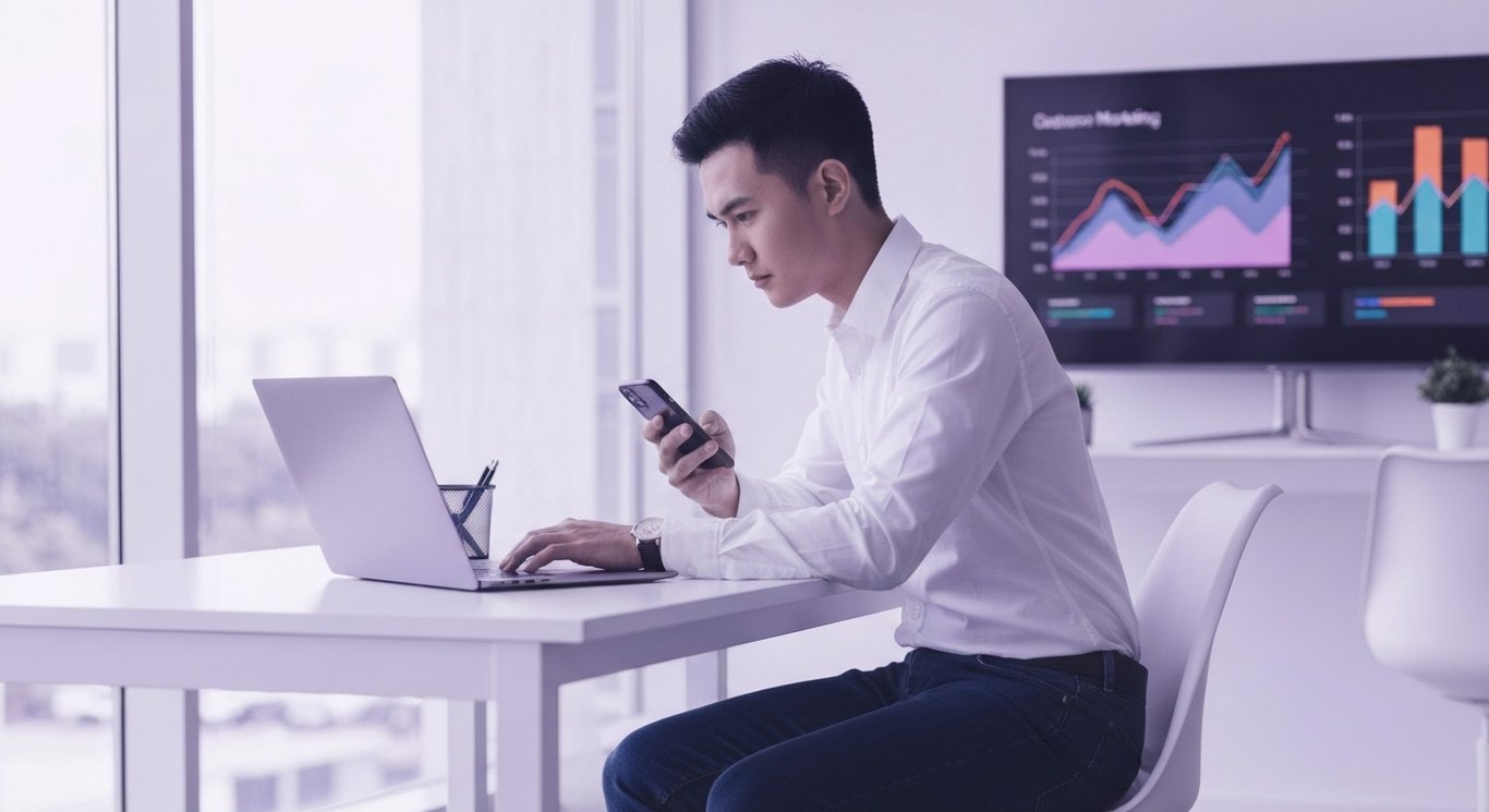 Young professional works on a laptop and smartphone at a sleek desk with digital marketing graphics in the background