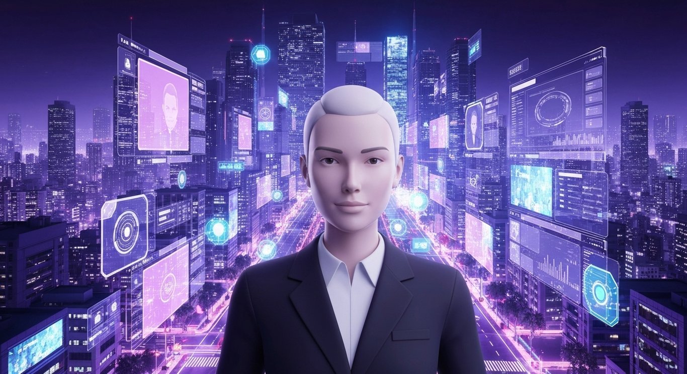 Digital avatar amid virtual icons and items in a futuristic cityscape with purple lighting