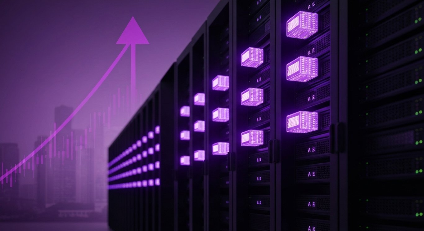 Server racks with glowing AI nodes and upward arrow in a futuristic aisle with soft skyline blur