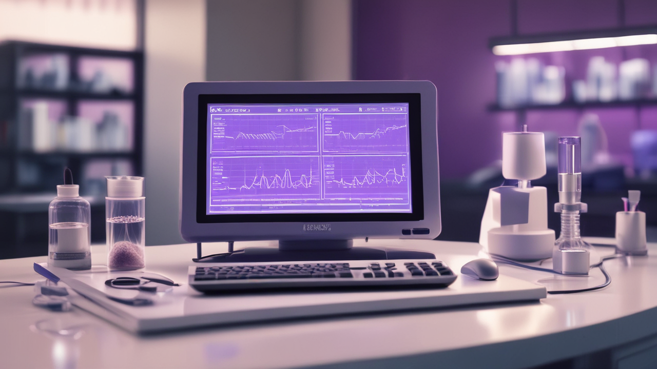 Medical analyzer device on lab bench with advanced equipment and soft purple lighting