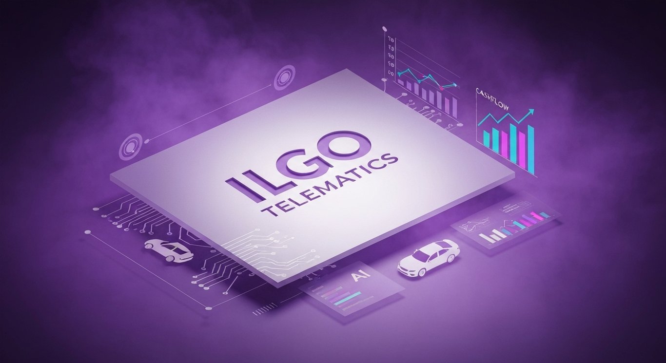 Logo in frosted glass with telematics data, car icons, rising charts and AI circuitry in purple lighting