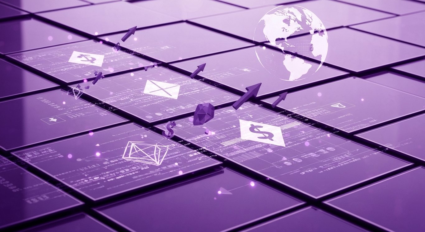 Elite financial news sources and 2025 market trends for investors in an abstract purple finance visualization