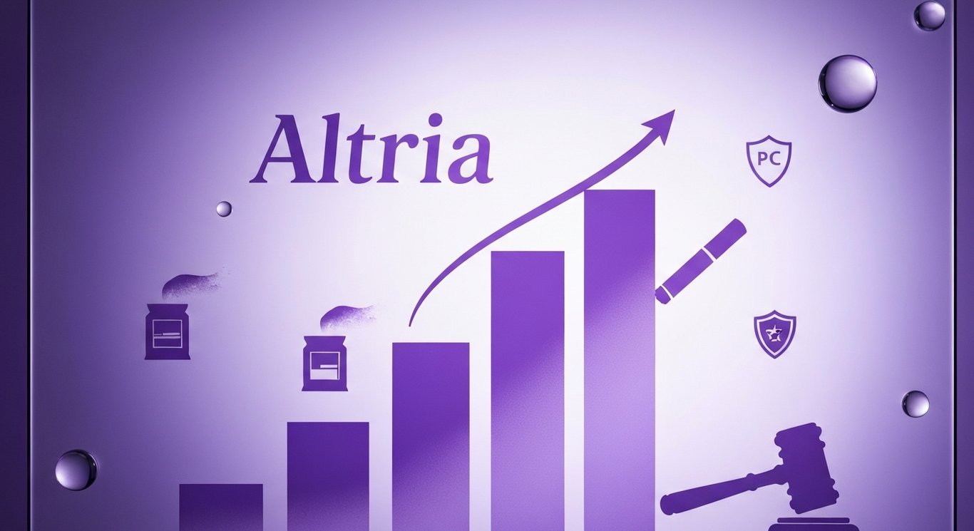 Logo in frosted glass with rising charts, pouch icons, fading cigarette shapes, regulatory gavel motif, purple light