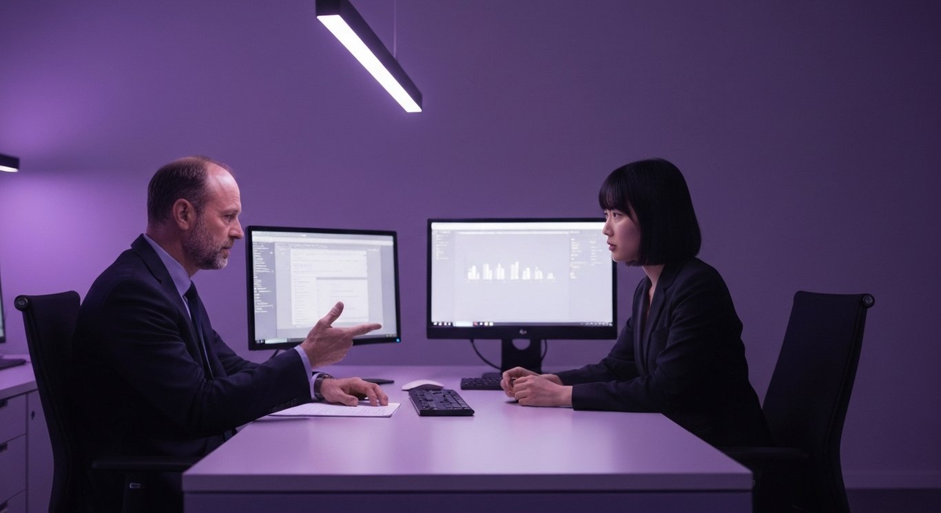 Corporate office workers discussing near computers with a soft purple backdrop