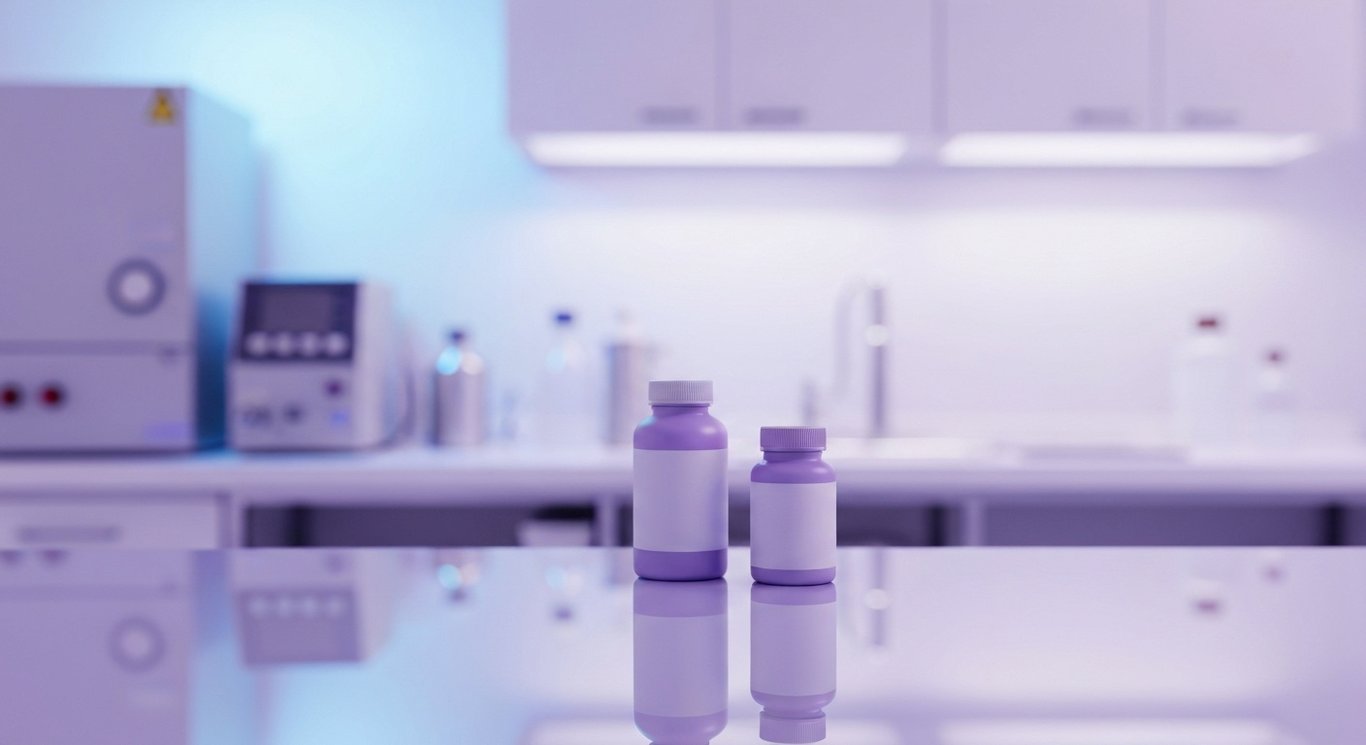 Two medicine bottles on a reflective surface with a soft purple-hued laboratory background