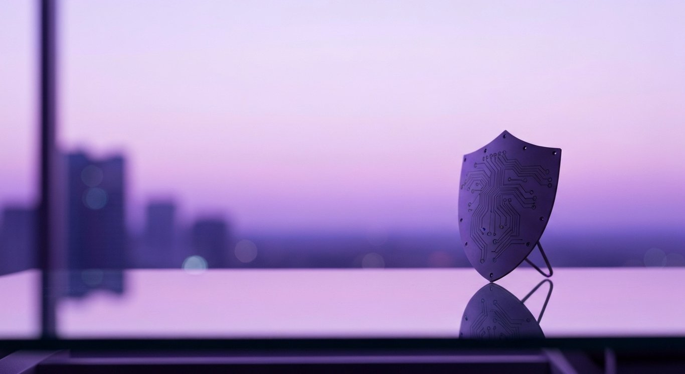 Shield with circuit pattern on reflective desk with soft gradient bokeh and faint city skyline