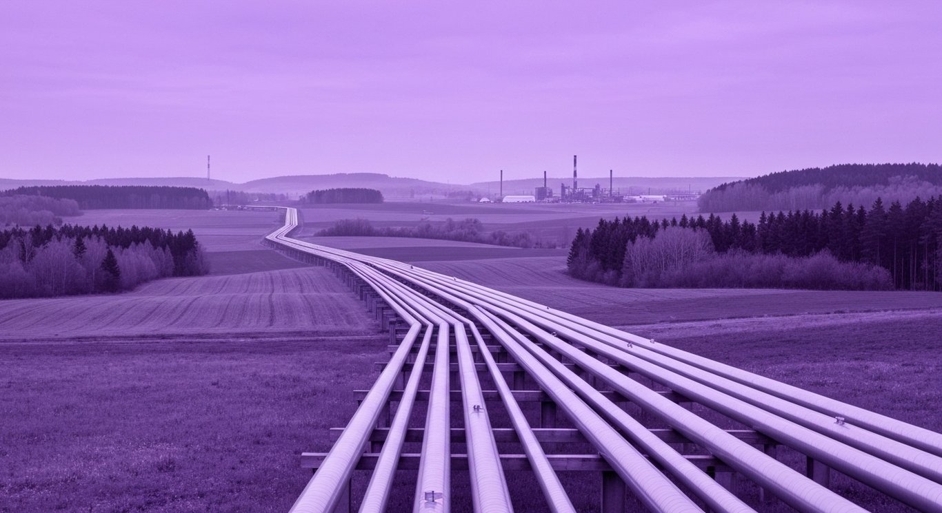 Natural gas pipeline stretching across a rural landscape with distant industrial buildings on a purple gradient background