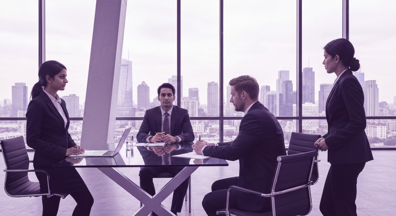 Business people at a glass table with a city skyline in the background