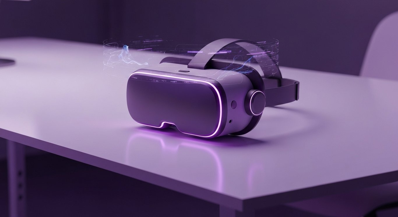 Futuristic augmented reality headset on minimalist desk with abstract purple-toned digital effects