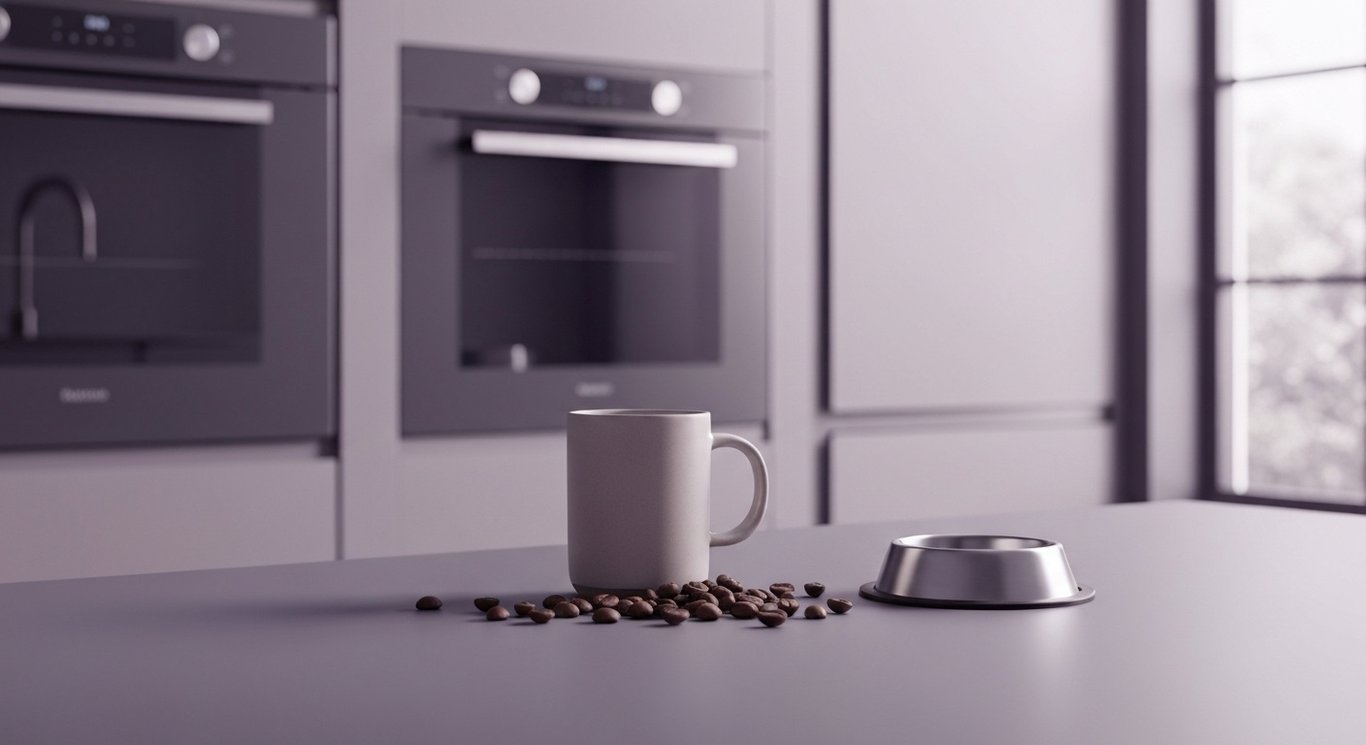 Coffee mug next to coffee beans and pet food bowl on modern kitchen counter with purple tones