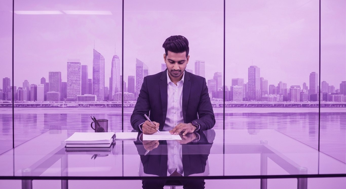 Corporate office executive at a glass desk with a soft purple cityscape background