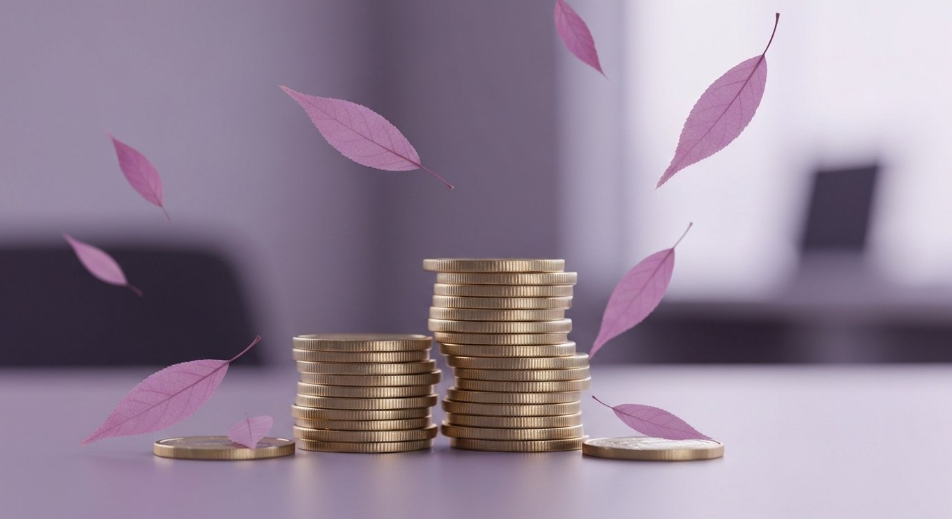 Stack of golden coins surrounded by purple leaves in a softly lit office setting