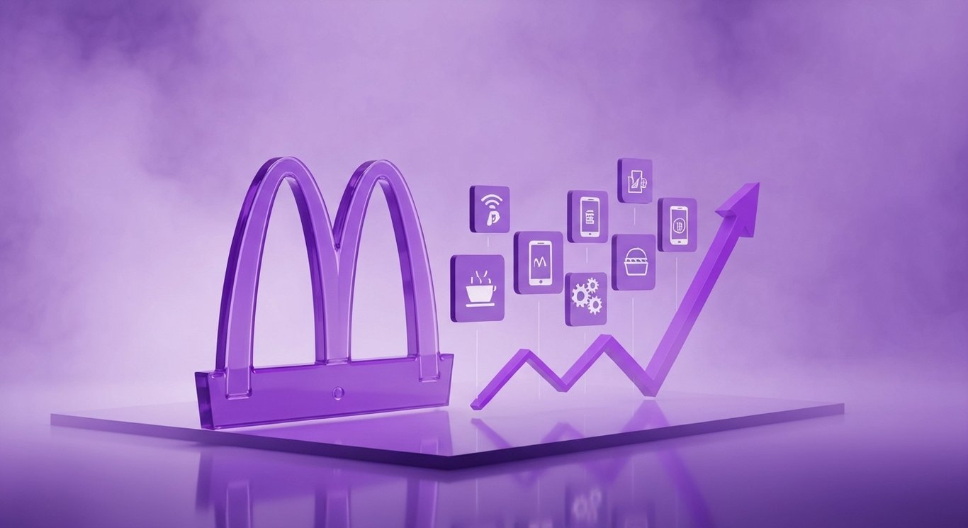 McDonald's earnings analysis with revenue growth, margin pressure, value strategy, and digital initiatives in a minimalist紫紫紫