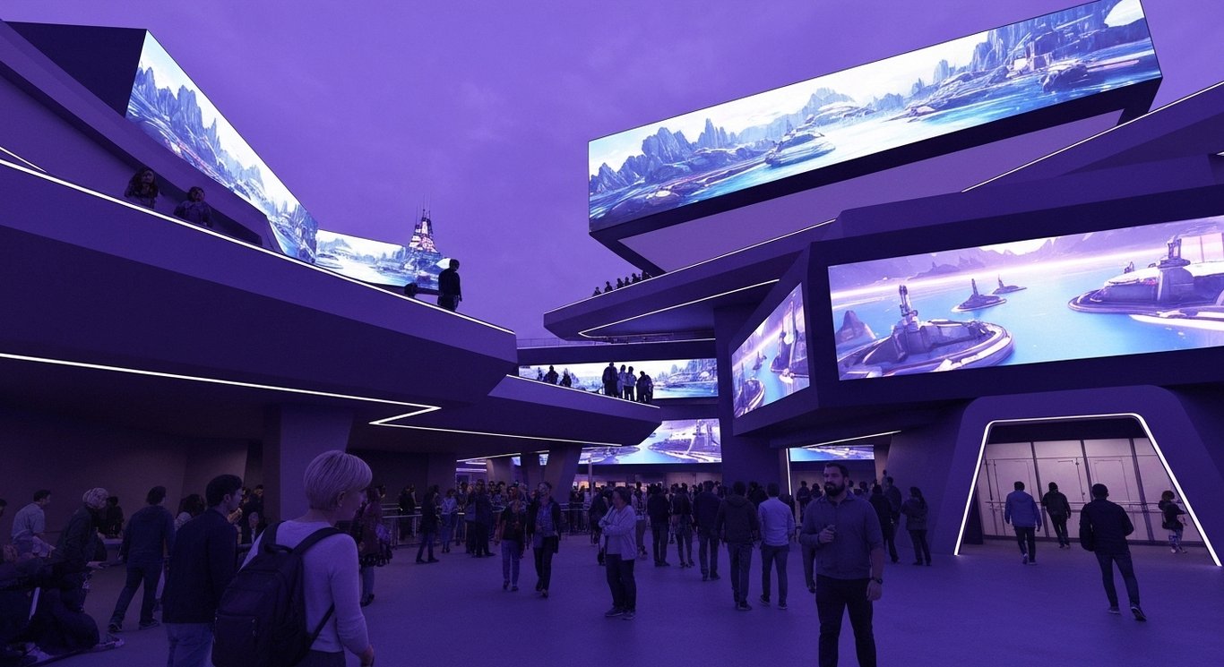 Modern theme park with futuristic buildings and streaming screens set against a soft purple background