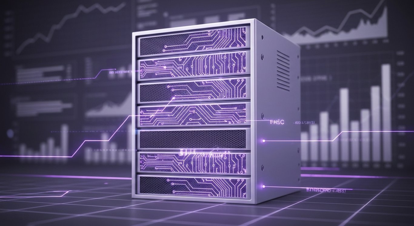 Abstract server hardware with glowing circuit lines and soft data visualizations in a purple minimalist background