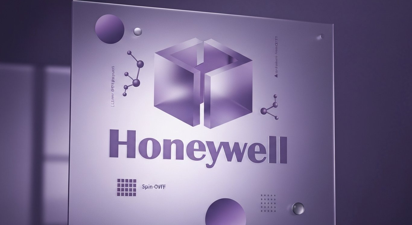 Honeywell logo with Solstice spin-off visualization, refrigerant and semiconductor symbols, valuation and EBITDA analysis
