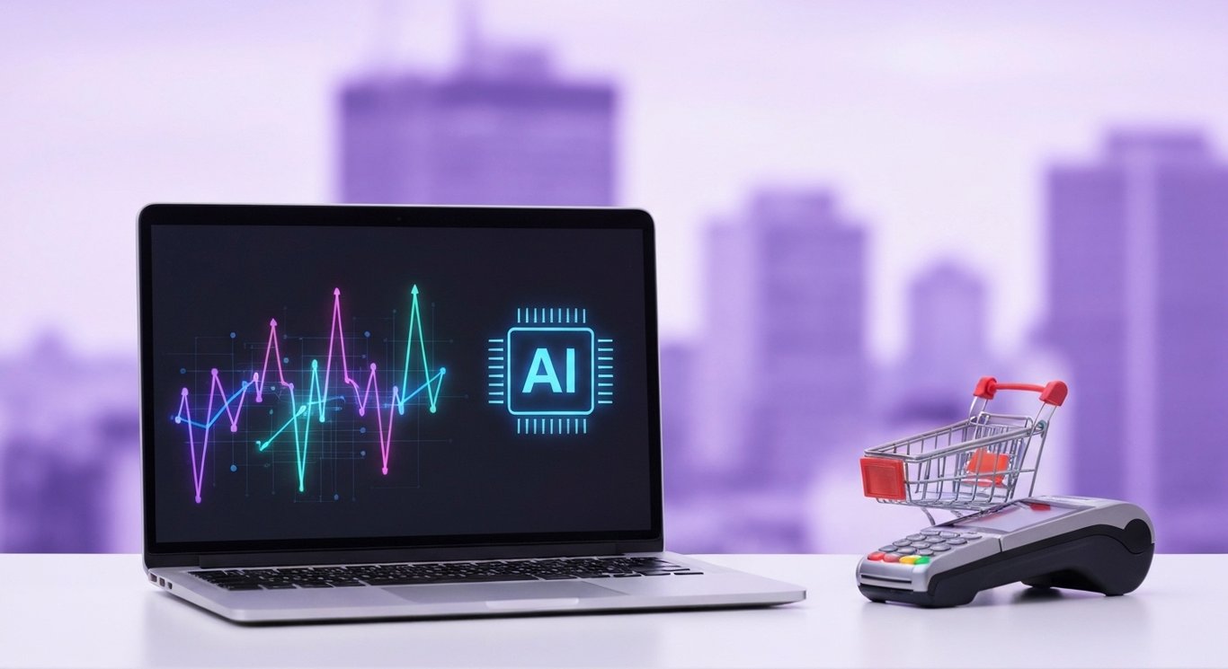 Silver laptop showing mixed arrows and AI chip symbol next to a small card reader on a desk