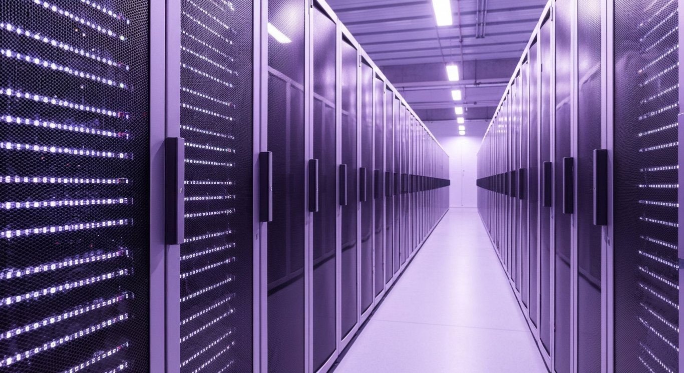 Modern data server racks in a spacious high-tech data center bathed in a purple-toned ambient light