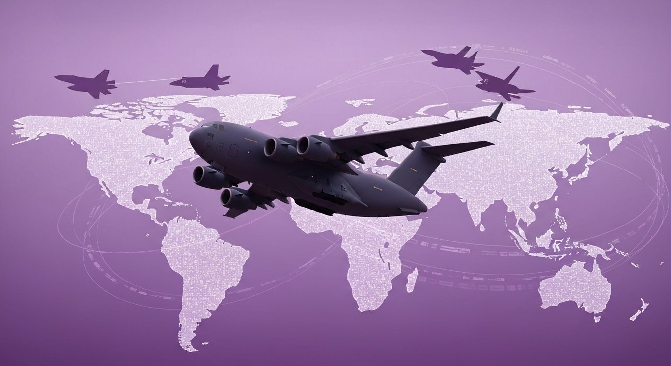 Military cargo plane above a stylized map backdrop with silhouettes of jets and digital effects