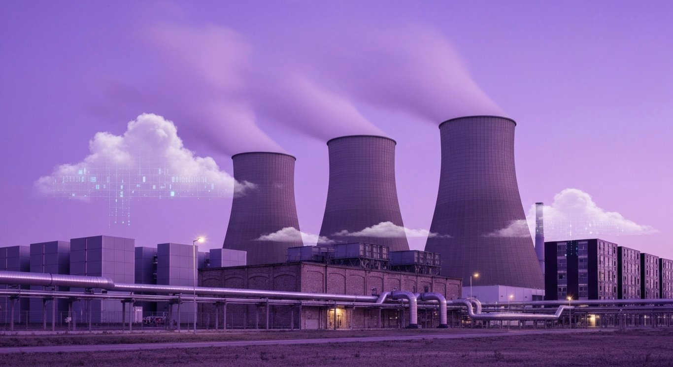 Modern power plant beside futuristic data centers under a soft purple evening sky