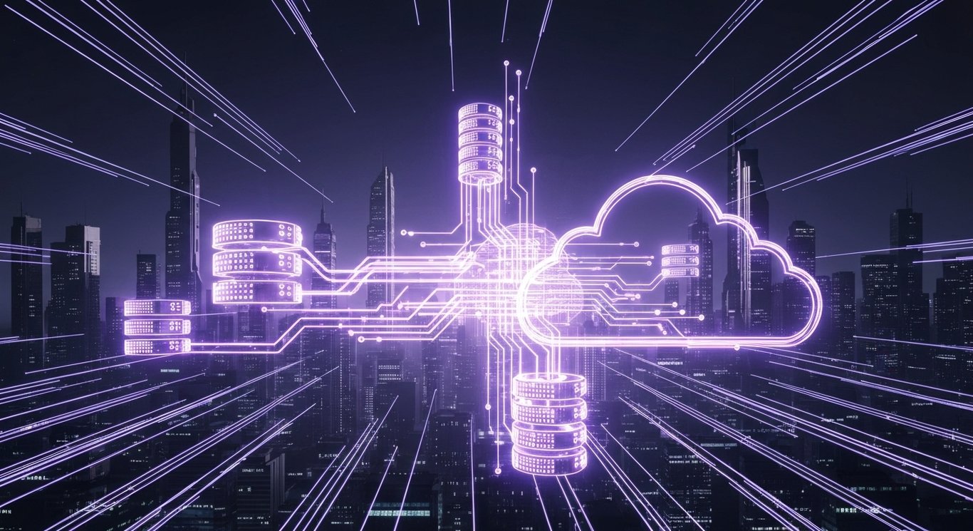 Abstract cloud network with glowing nodes and data streams against a futuristic cityscape background