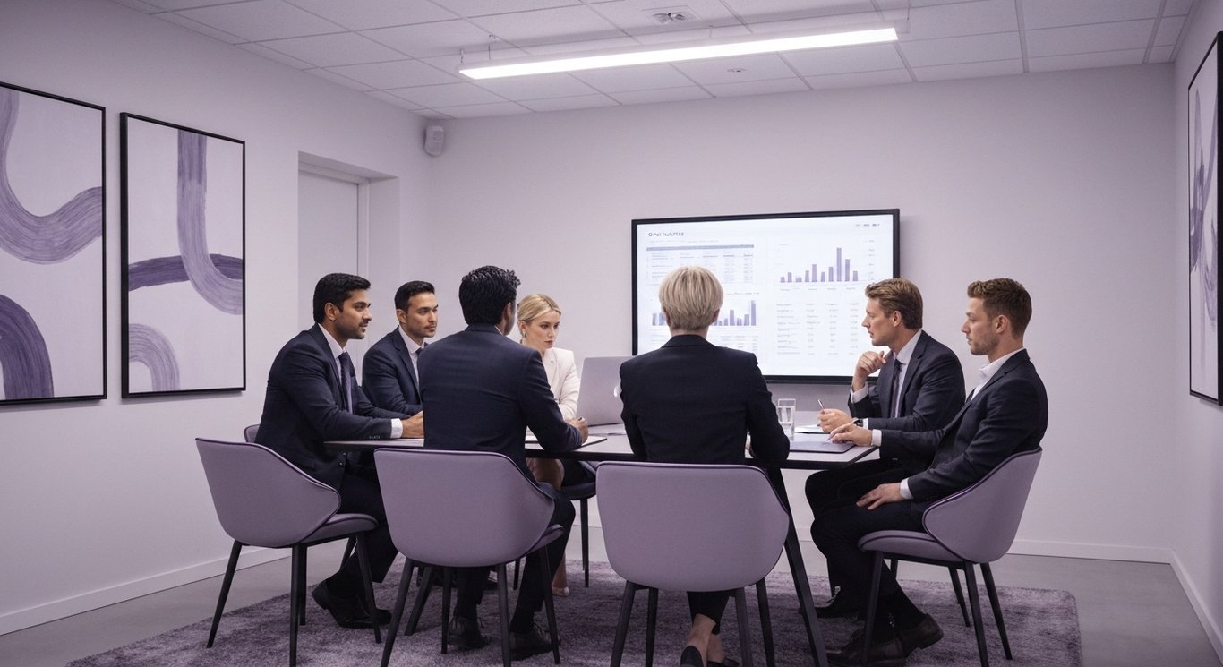 Business people in formal attire discuss financial matters at a conference table in a softly lit purple-themed office