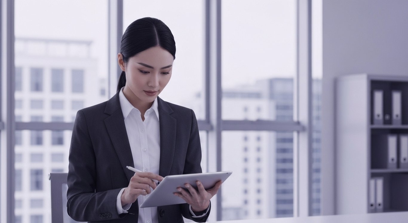 Businesswoman reviews financial graphs on tablet in a modern office with a purple cityscape background