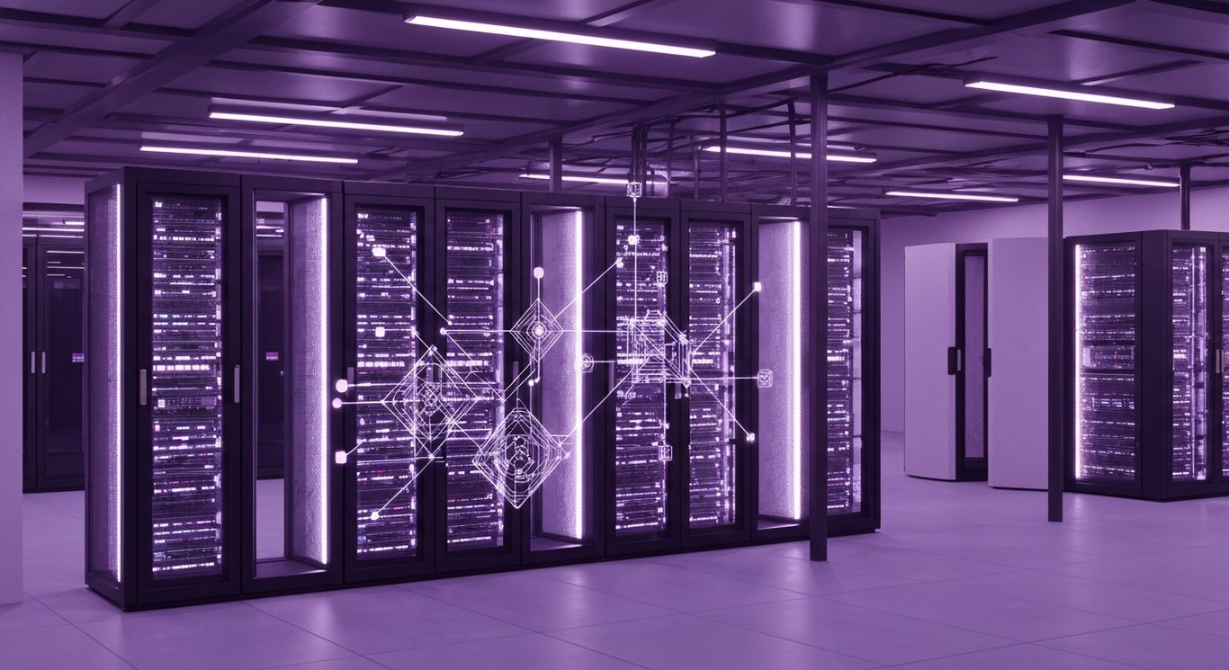 Modern server racks with glowing lights in a futuristic data center with soft purple accents