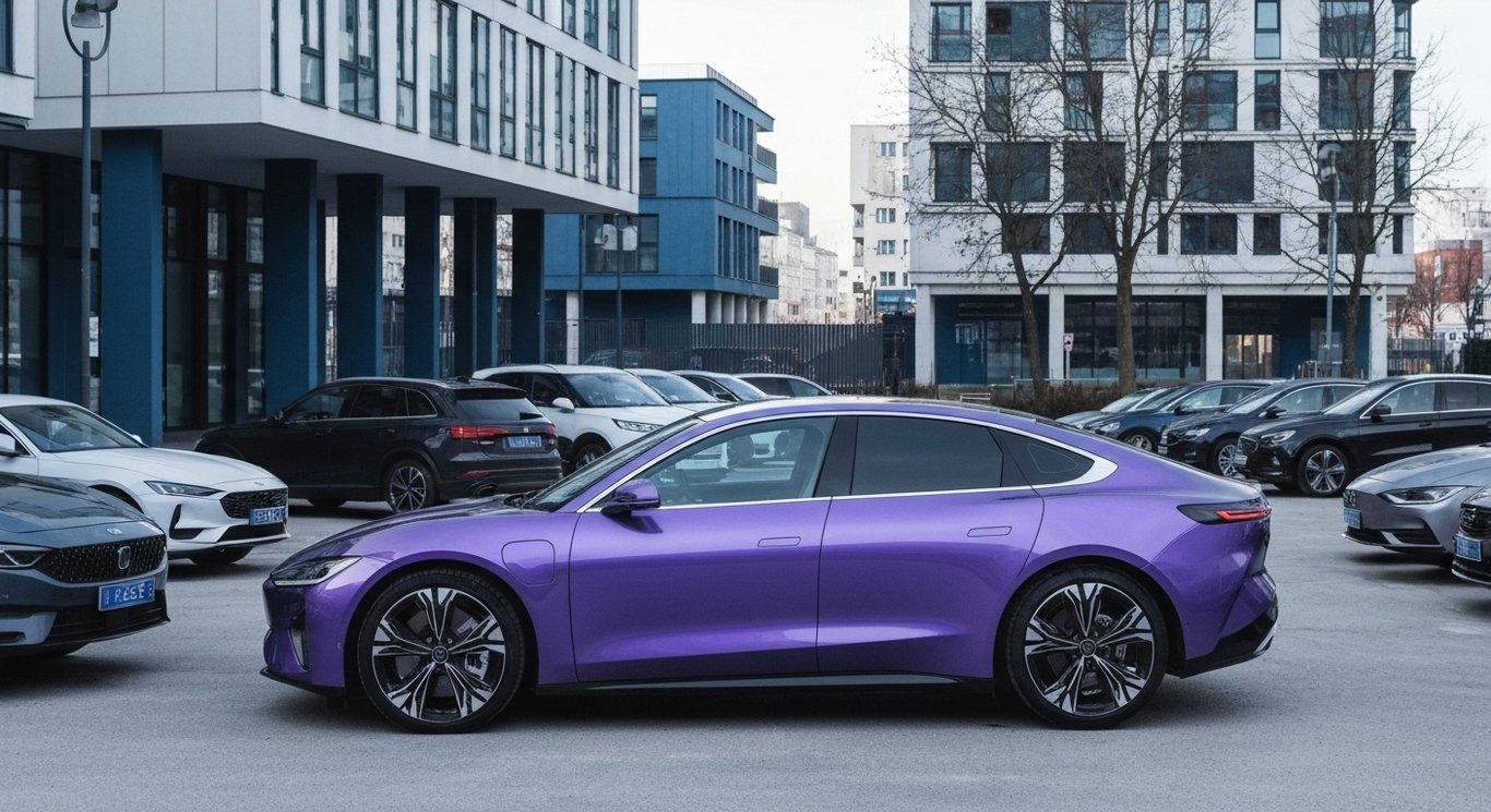 Electric car parked in a modern cityscape with other vehicles around against a purple-toned backdrop