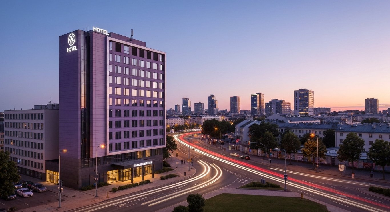 Modern hotel building against a softly lit city skyline with travelers moving nearby