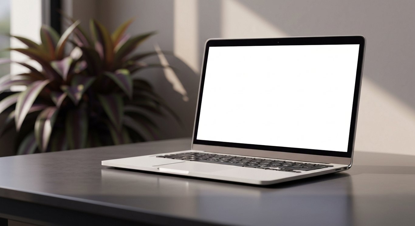 Open laptop on a desk with a plant in the background and a soft purple ambiance