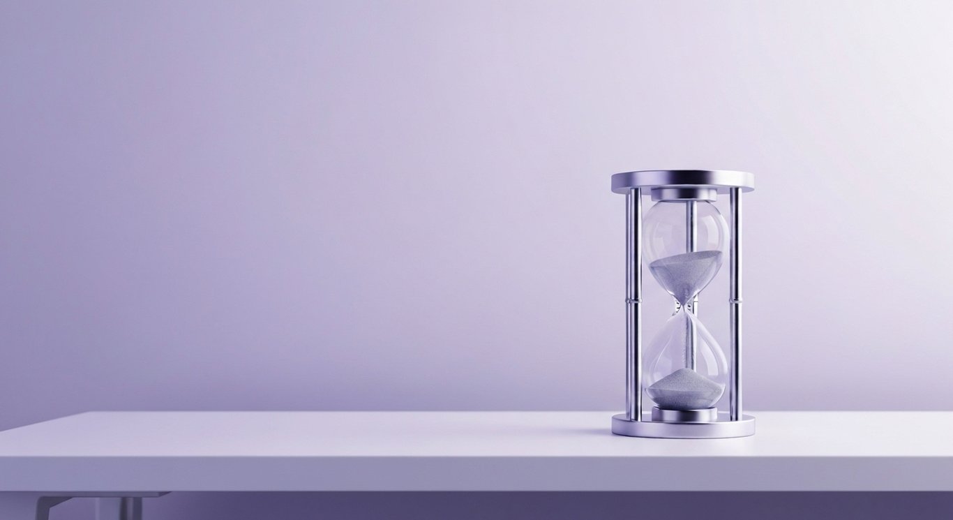 Silver hourglass on a white desk with a subtle purple gradient background