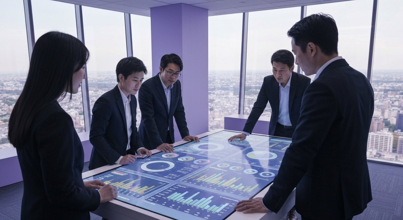 Business professionals gathered at a digital table in a modern office overlooking a city skyline