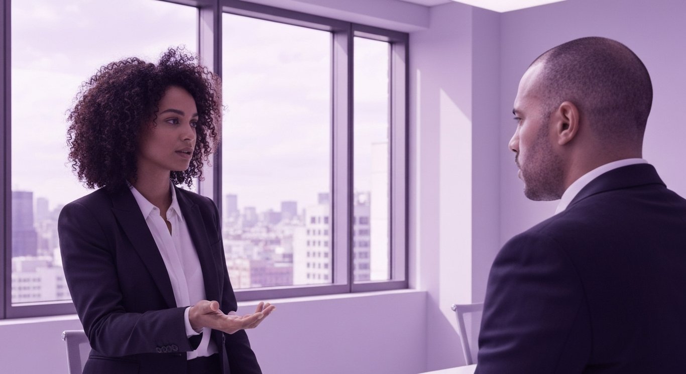 Business professionals in a modern office discussing challenges near large windows