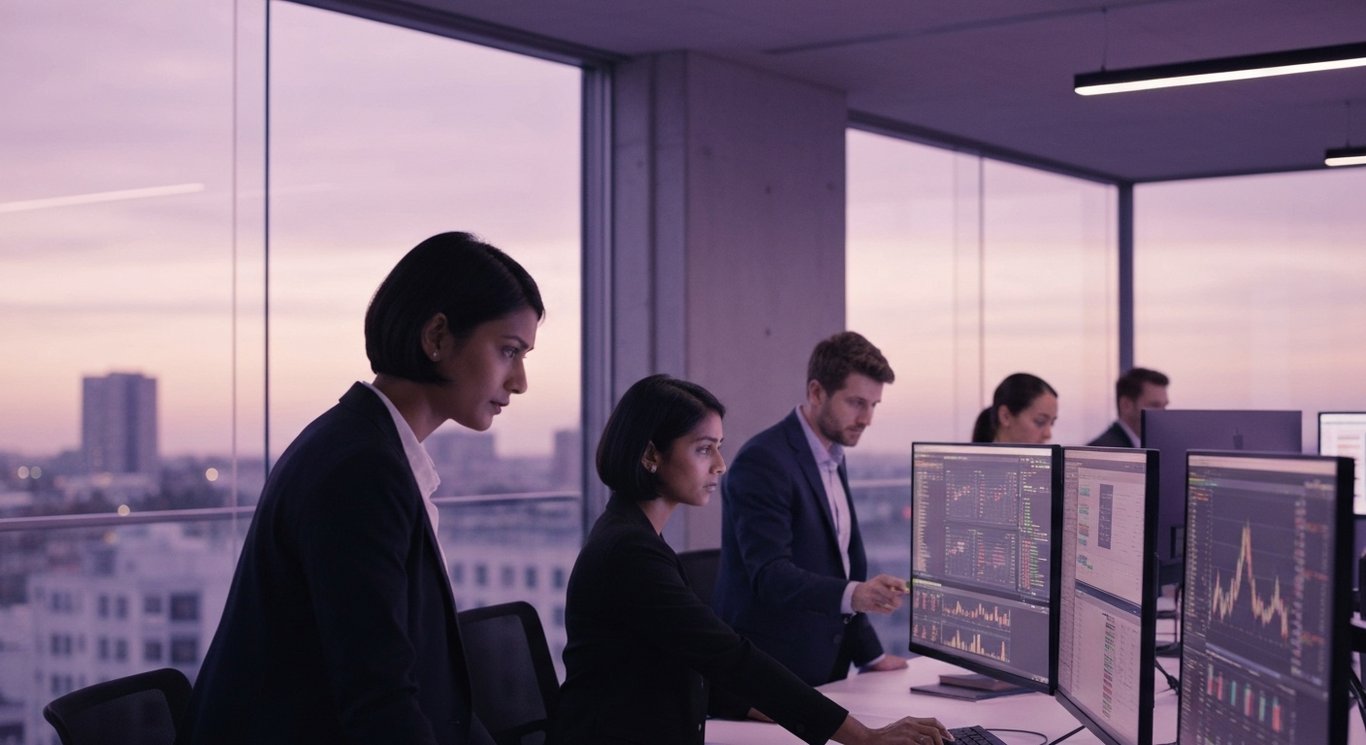 Business professionals review digital financial data on large monitors in a modern office with a purple color scheme