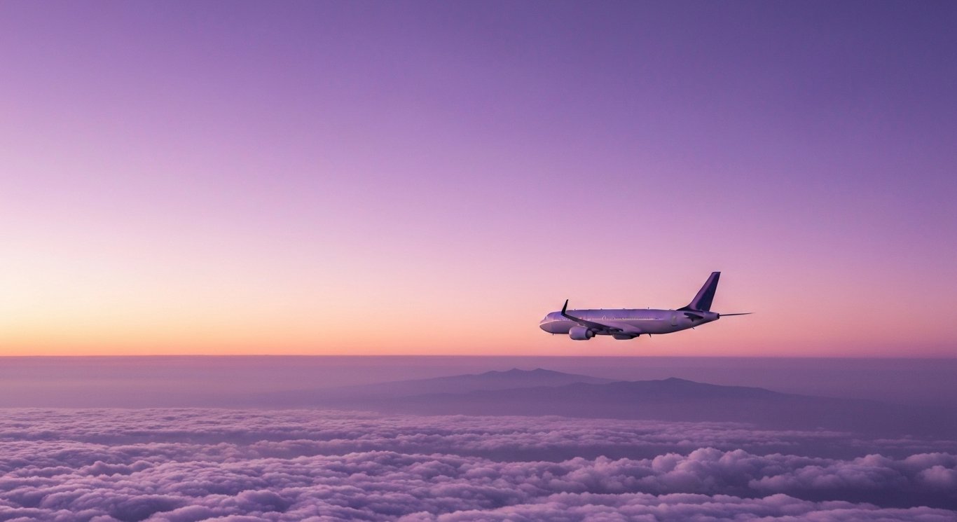 Commercial jet airliner flying above clouds with a subtle purple sunset sky and mountains in the distance