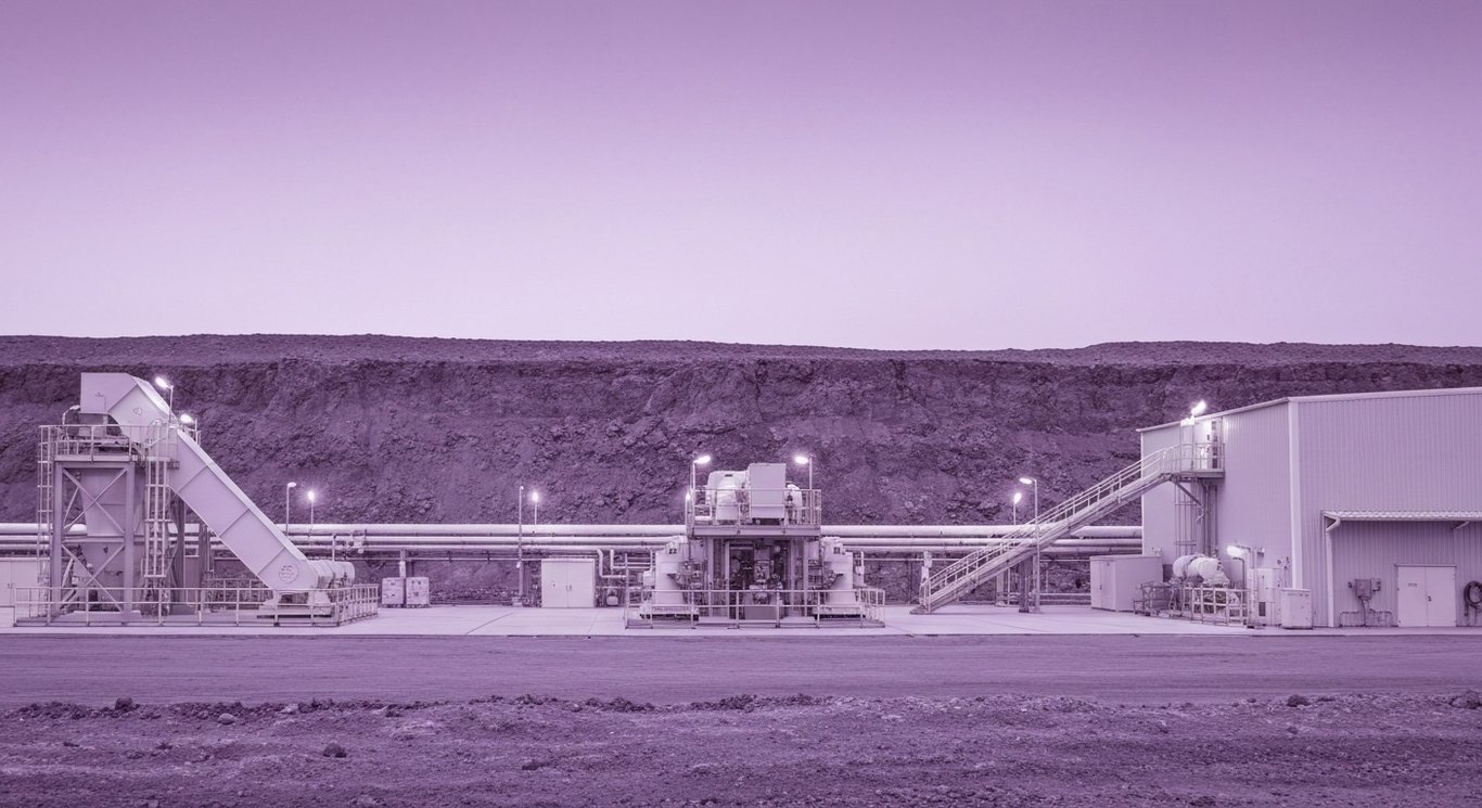Industrial facility for lithium extraction set against a purple-hued geological landscape