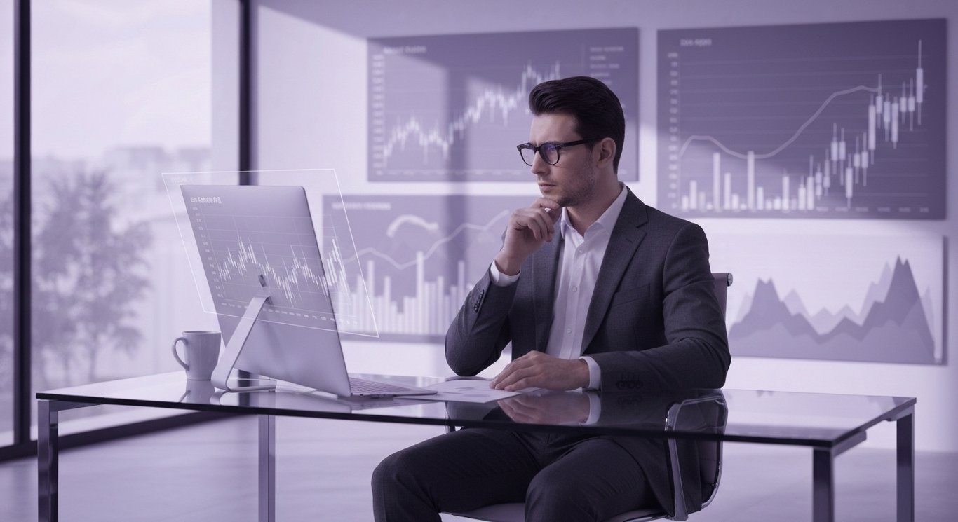 Business analyst sits at a modern desk with digital stock charts and abstract graphs behind