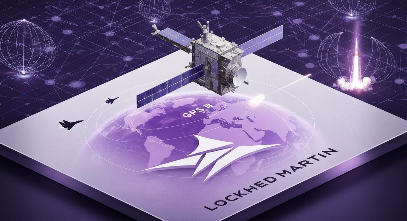 Lockheed Martin GPS III satellite launch and AI Fight Club initiative visualization with defense technology and financial