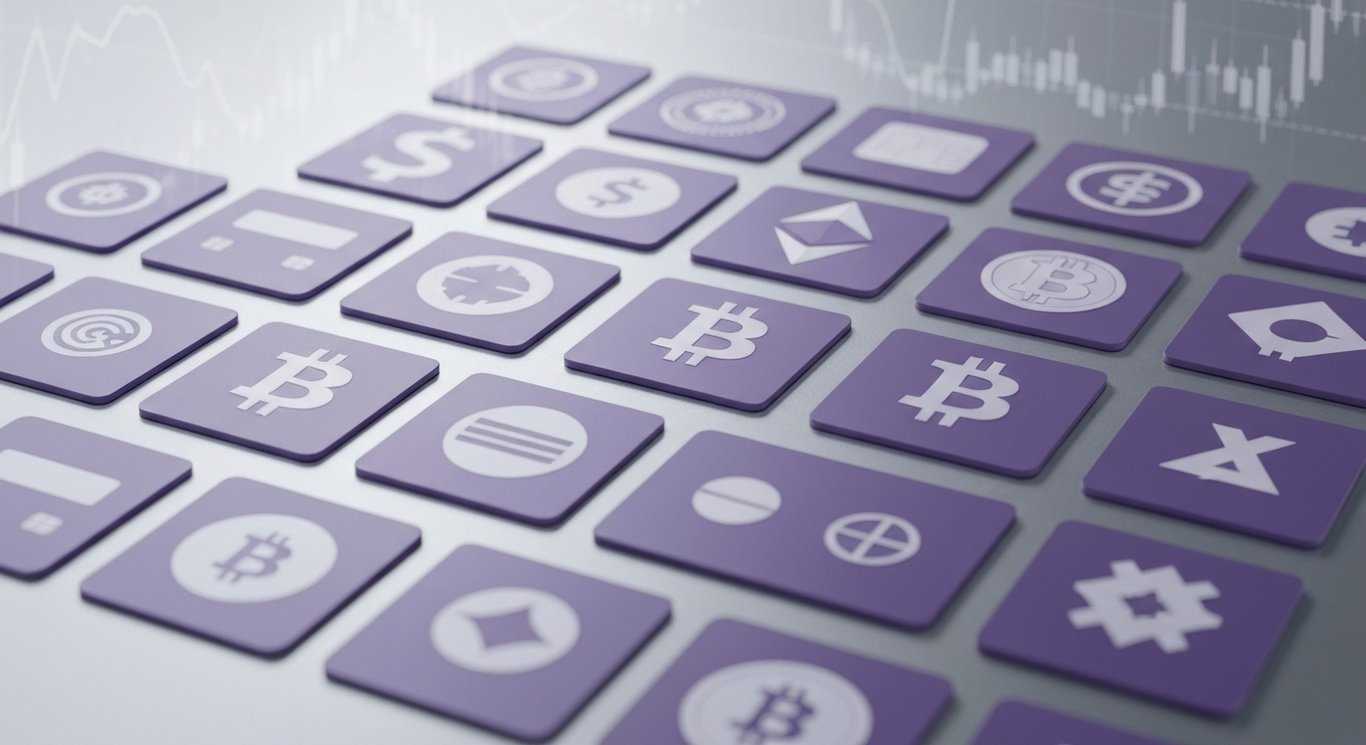 Modern financial card and digital currency icons on a glass surface with purple gradient background